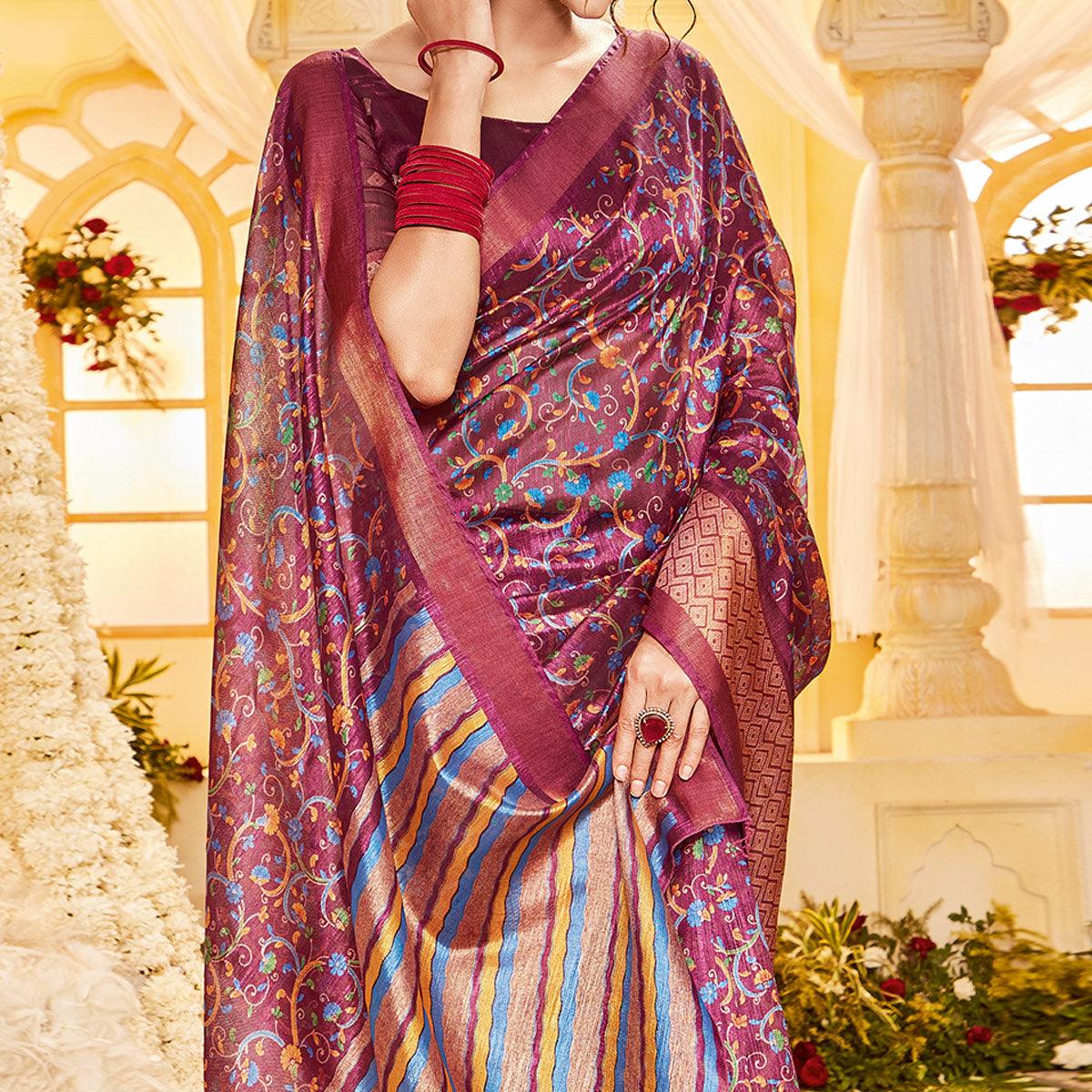 Purple Casual Wear Printed Crystal Silk Saree - Peachmode