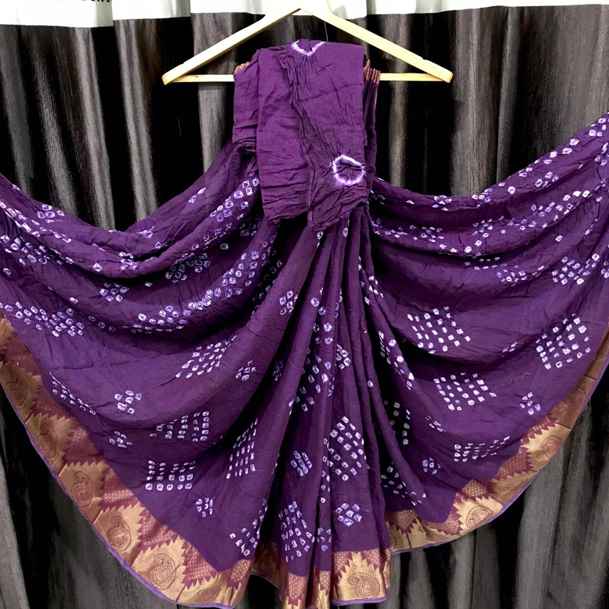 Purple Casual Wear Printed Hand Bandhej Zari Border Pure Cotton Saree - Peachmode