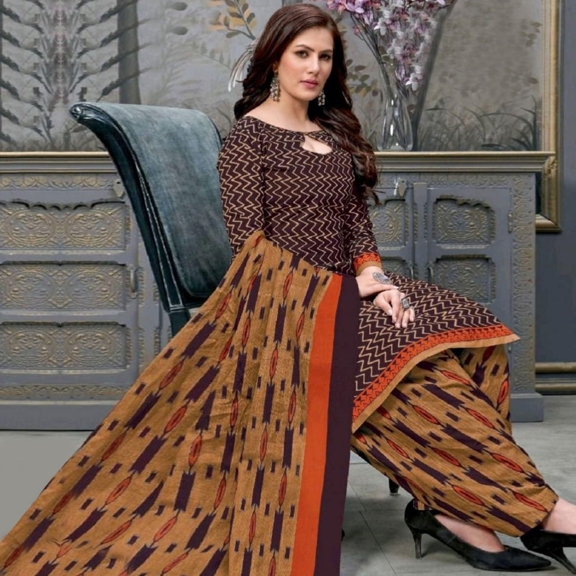 Purple Casual Wear Printed Leon Patiala Dress Material - Peachmode