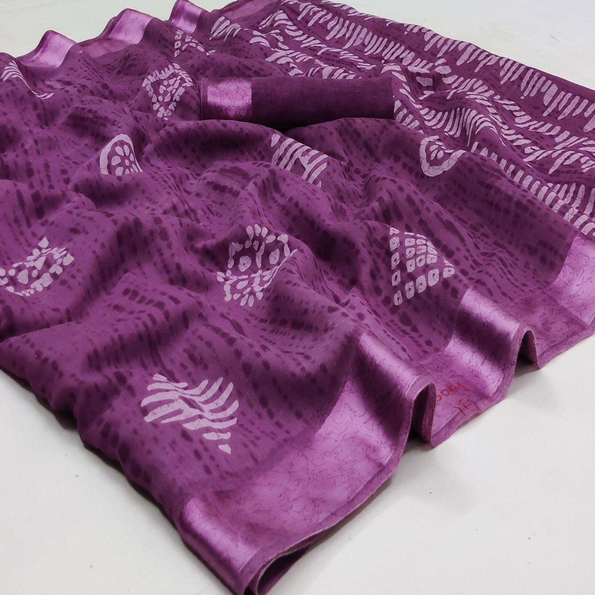 Purple Casual Wear Printed Linen Cotton Saree - Peachmode