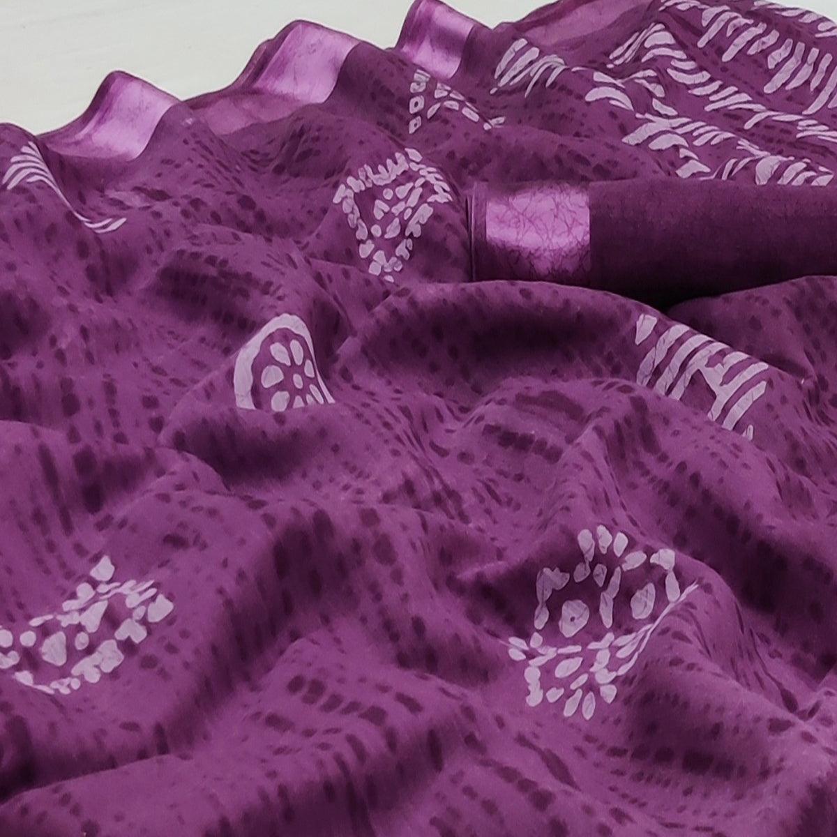 Purple Casual Wear Printed Linen Cotton Saree - Peachmode