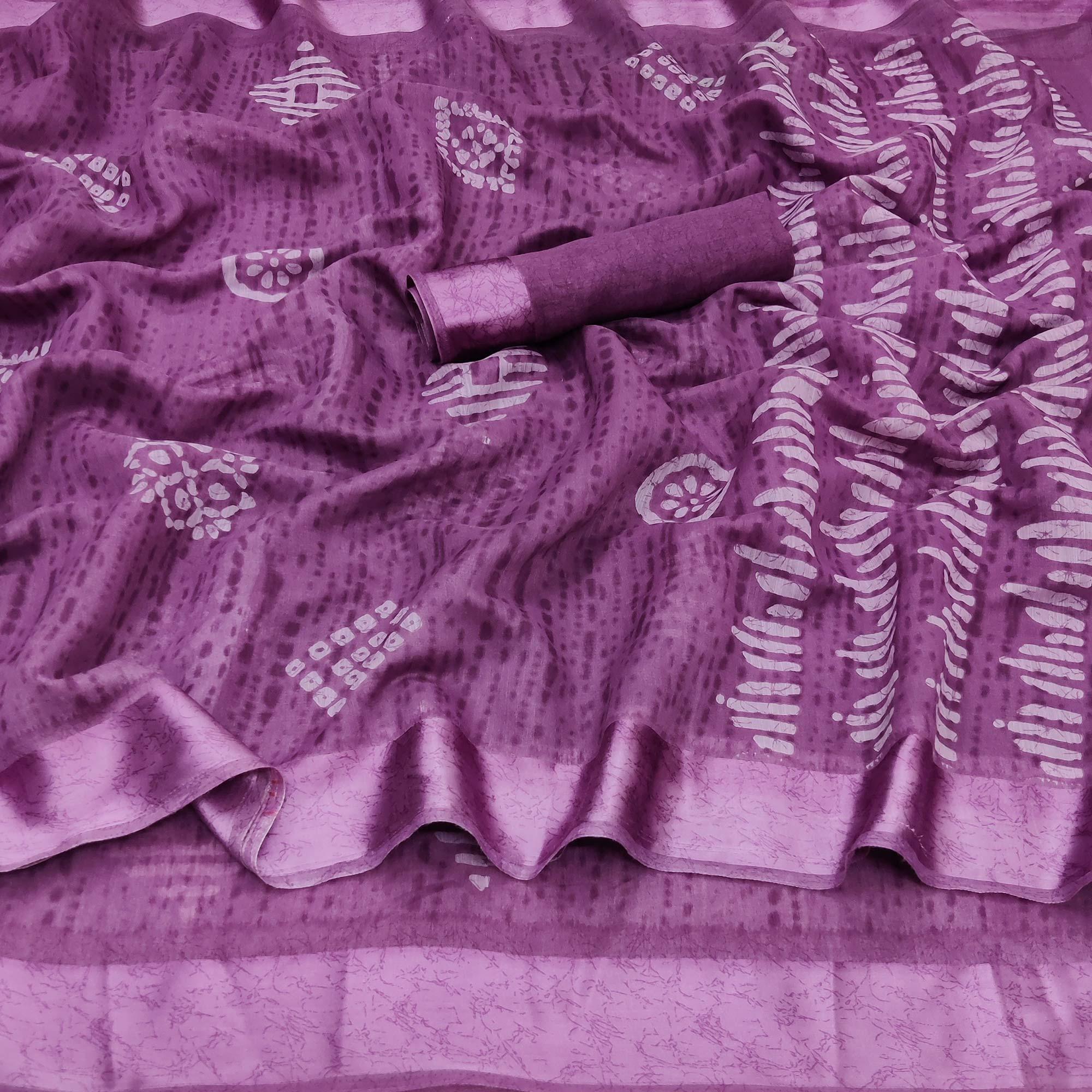 Purple Casual Wear Printed Linen Cotton Saree - Peachmode