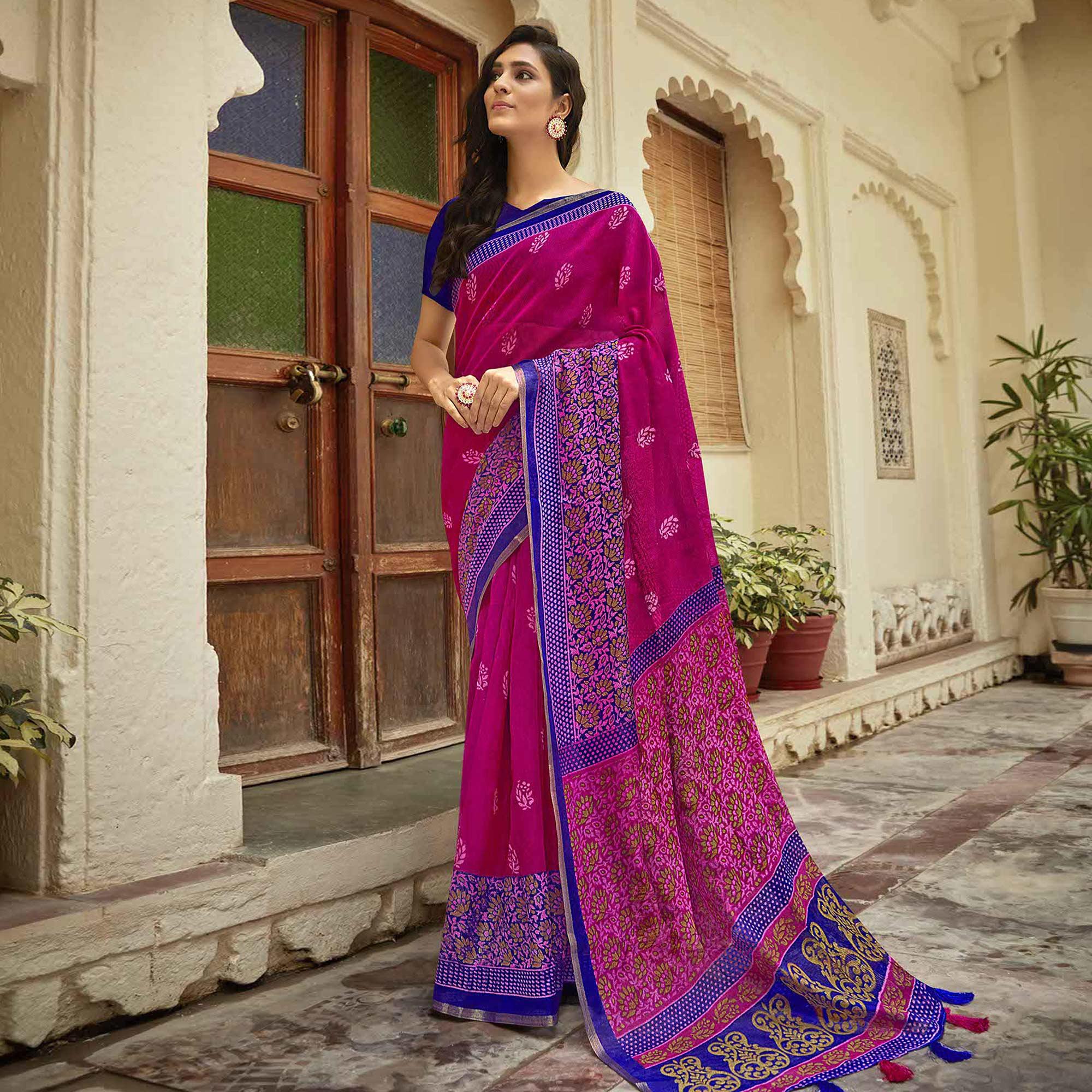 Purple Casual Wear Printed Linen Saree - Peachmode