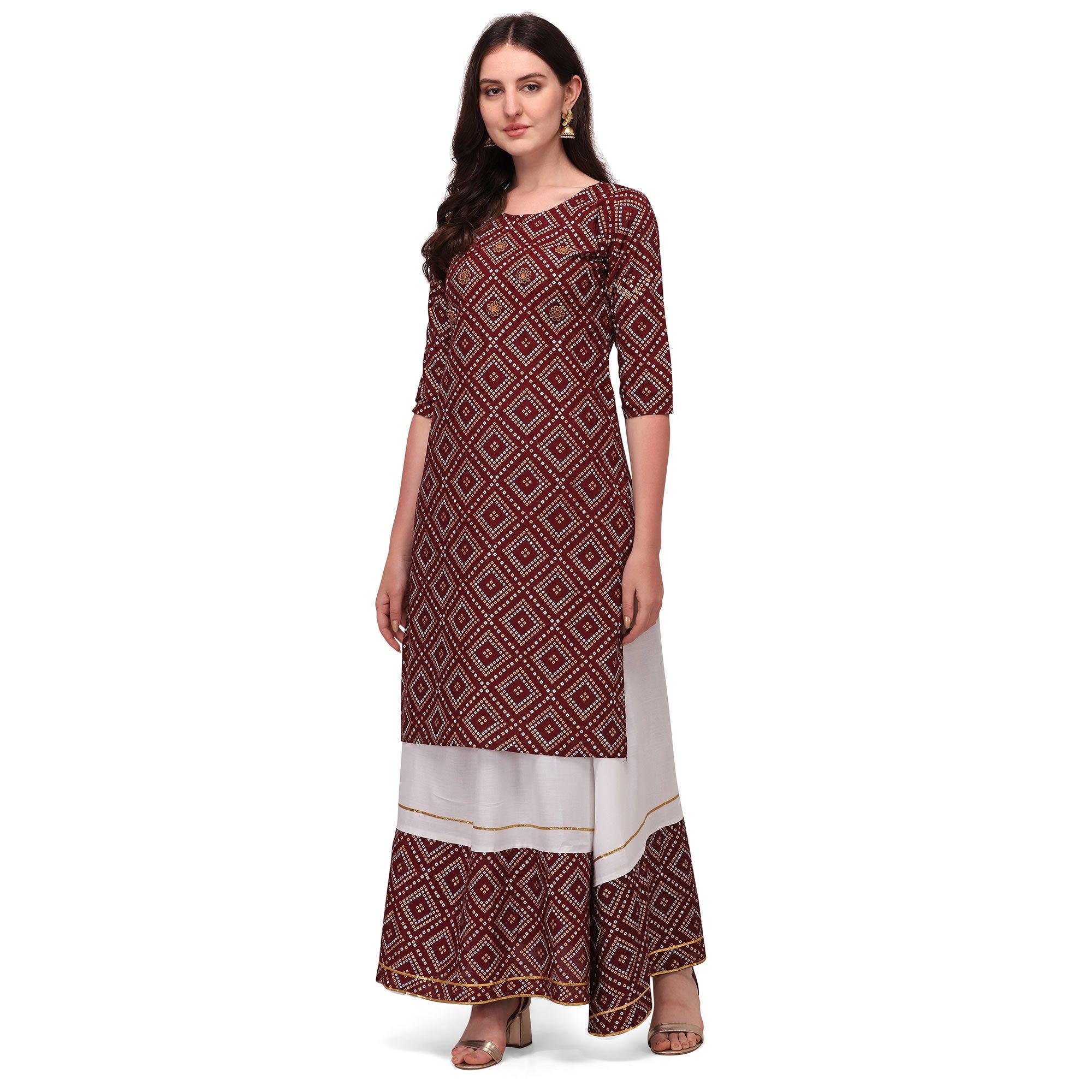 Purple Casual Wear Printed Rayon Kurti - Skirt Set - Peachmode