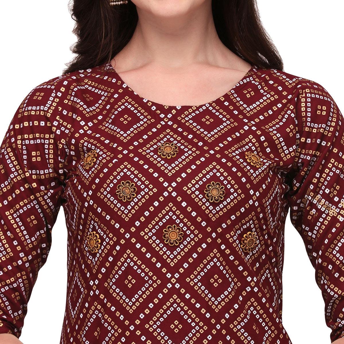 Purple Casual Wear Printed Rayon Kurti - Skirt Set - Peachmode