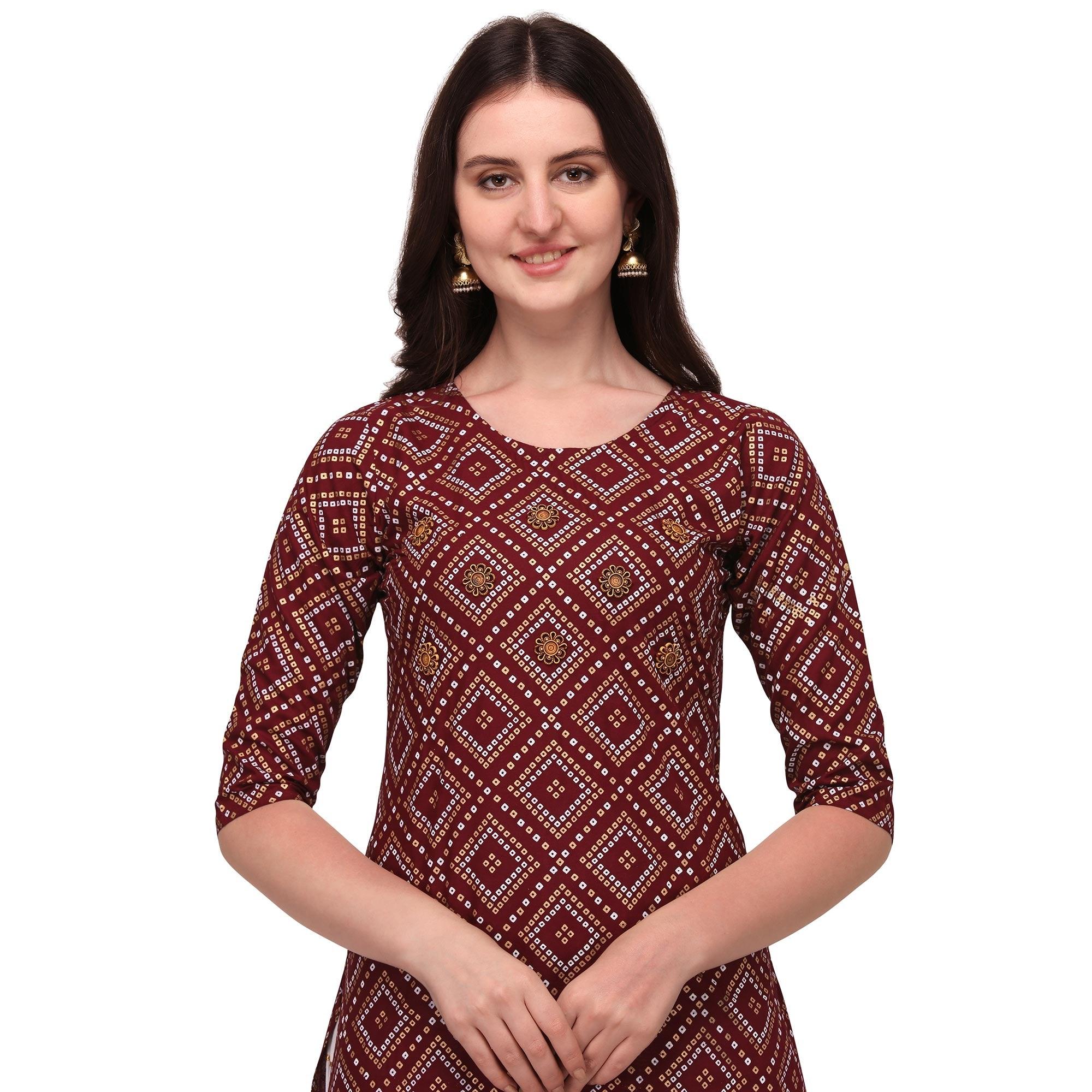 Purple Casual Wear Printed Rayon Kurti - Skirt Set - Peachmode
