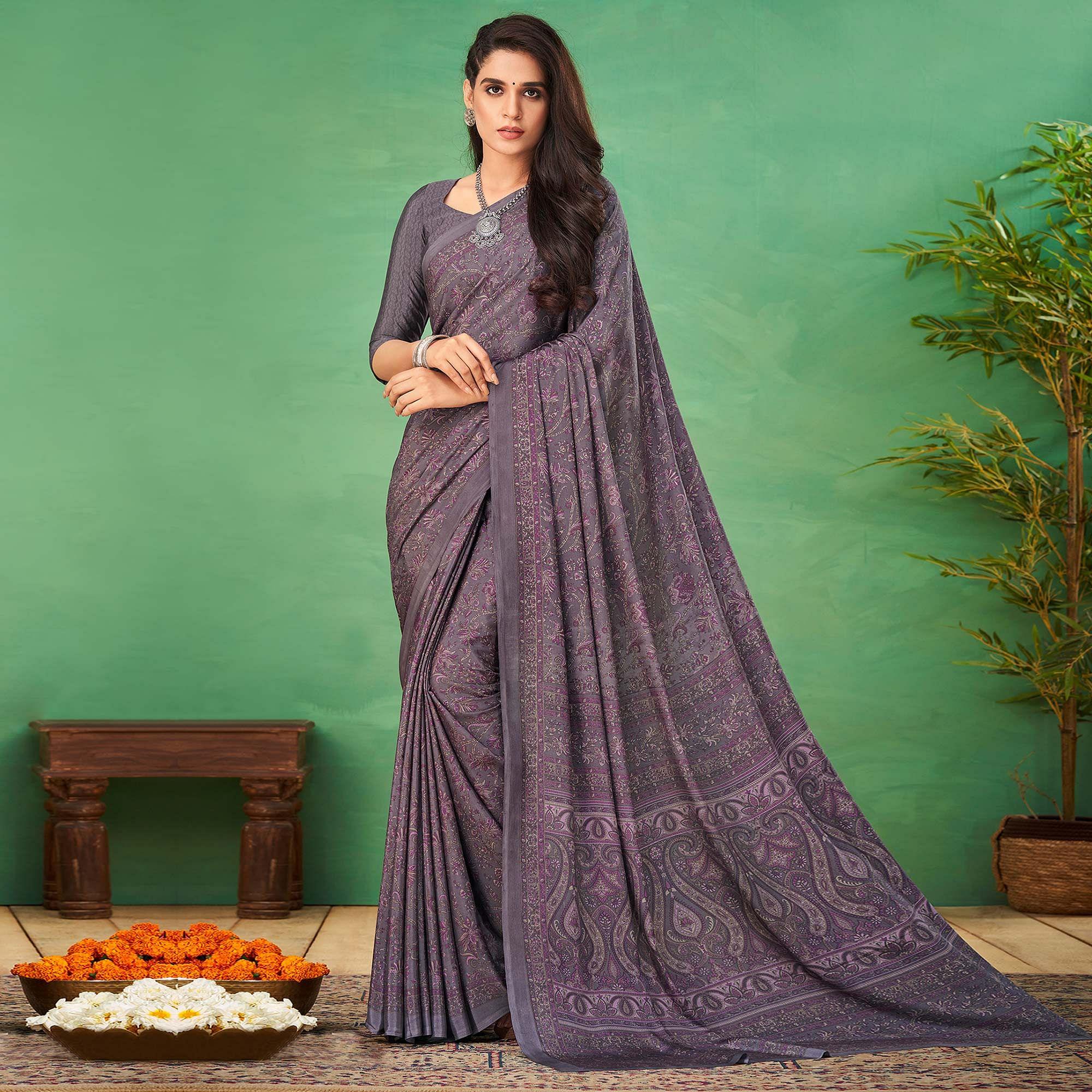 Purple Casual Wear Printed Silk Saree - Peachmode