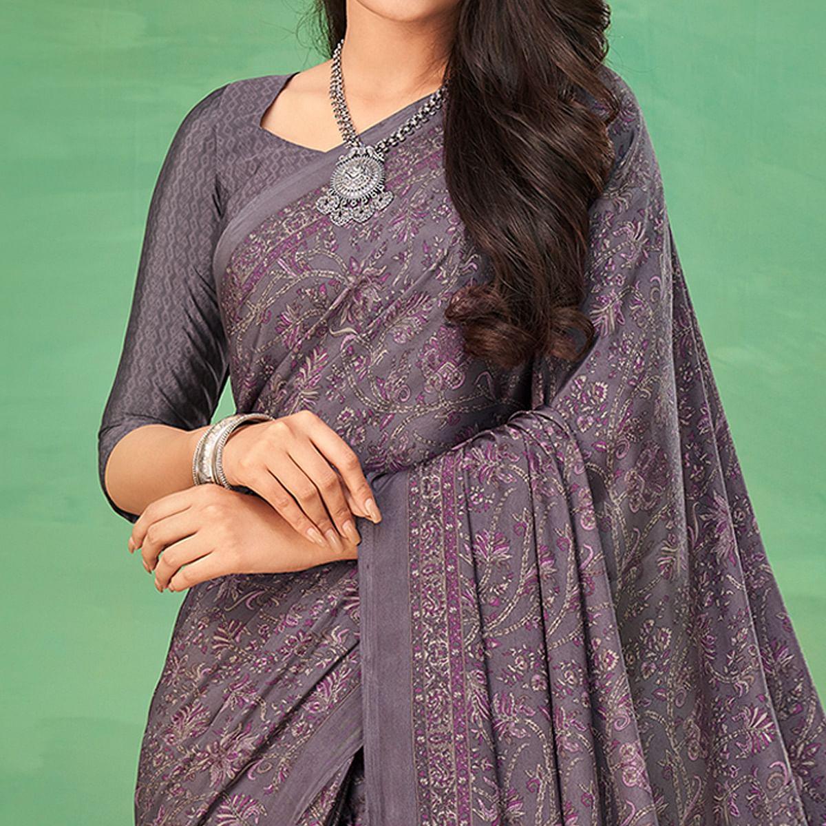 Purple Casual Wear Printed Silk Saree - Peachmode