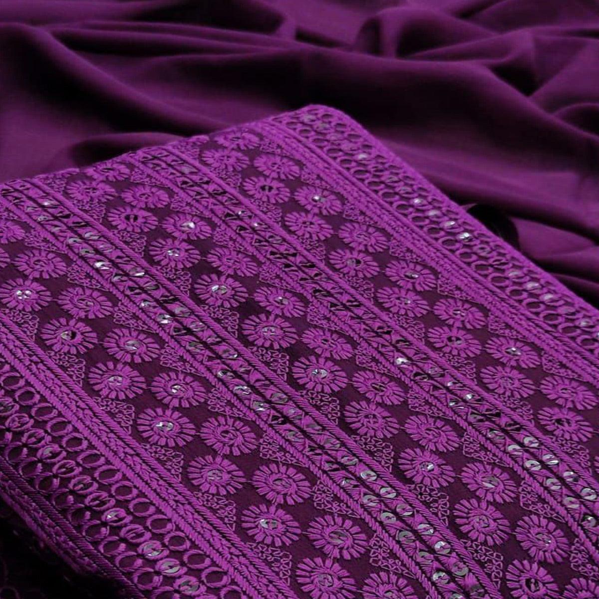 Purple Casual Wear Sequence Embroidered Georgette Dress Material - Peachmode