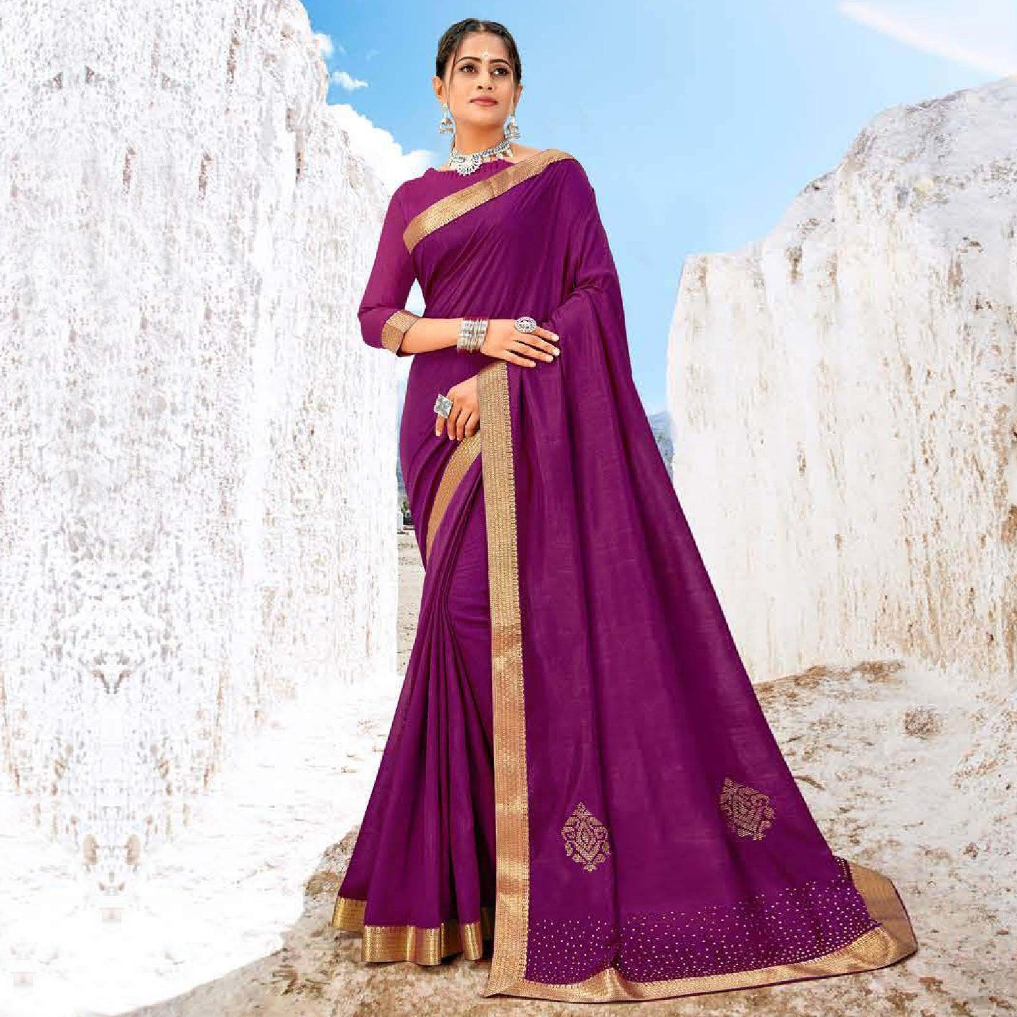 Purple Casual Wear Solid And Woven Silk Saree - Peachmode