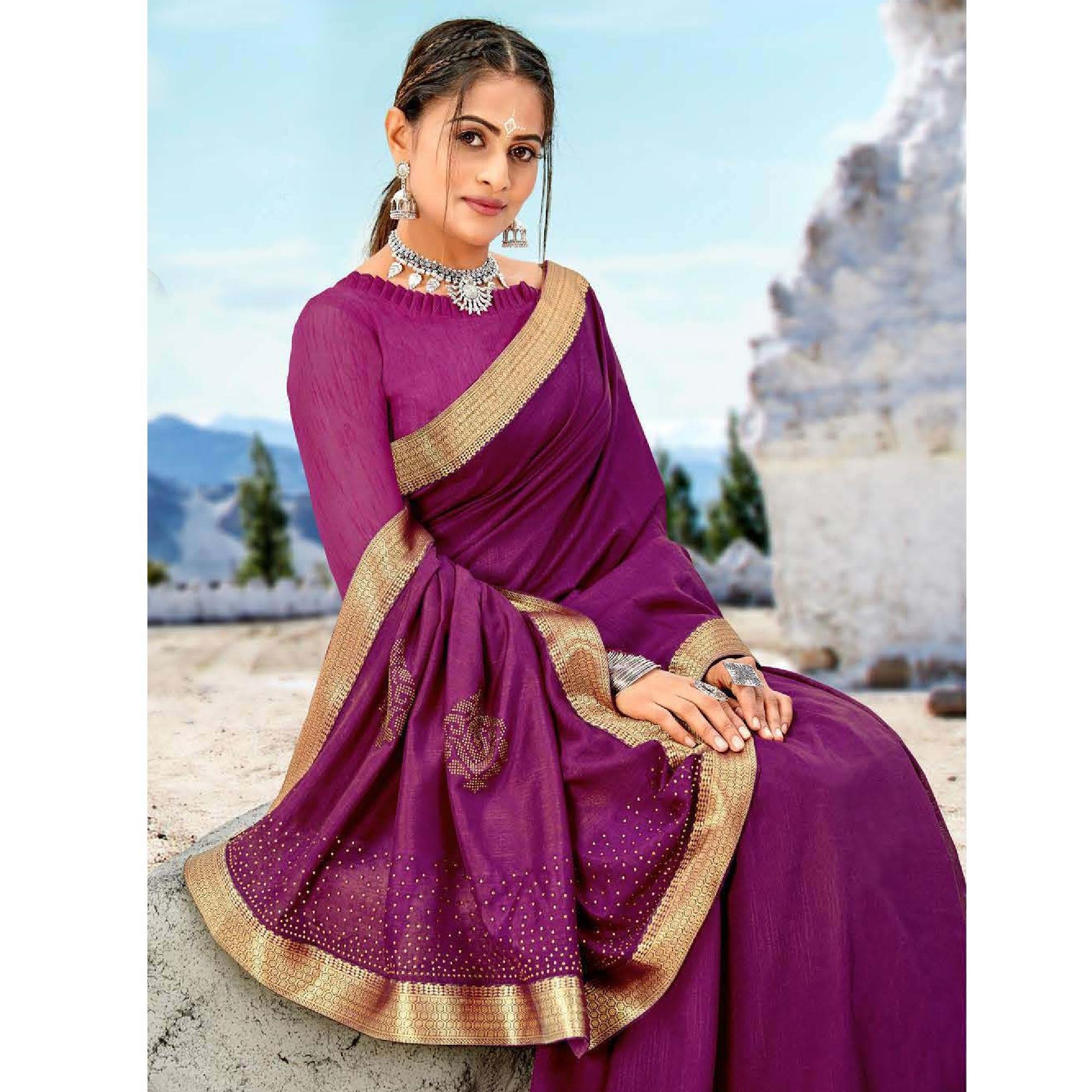 Purple Casual Wear Solid And Woven Silk Saree - Peachmode