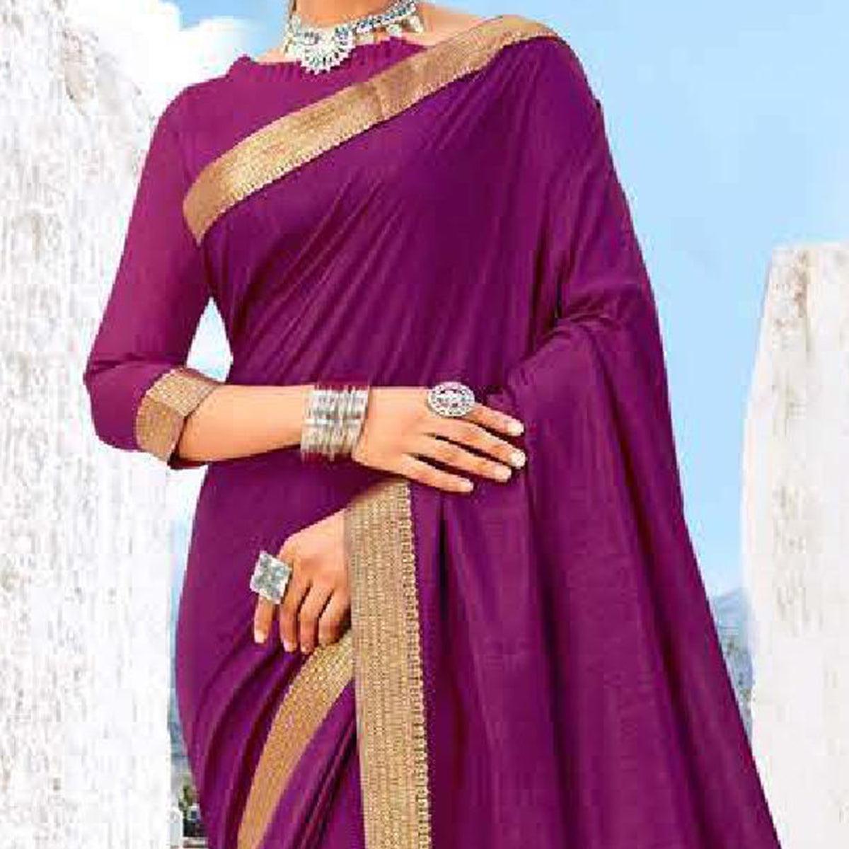 Purple Casual Wear Solid And Woven Silk Saree - Peachmode