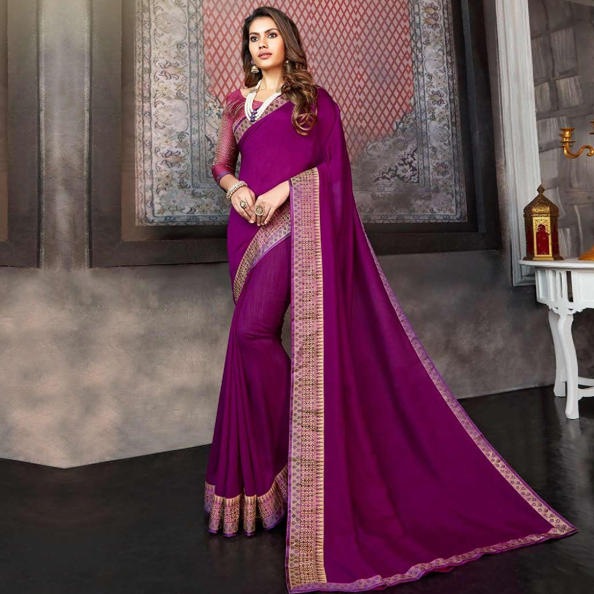 Purple Casual Wear Solid Silk Saree With Border - Peachmode