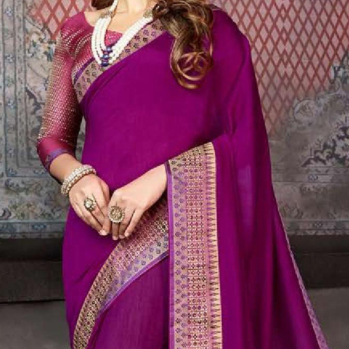 Purple Casual Wear Solid Silk Saree With Border - Peachmode