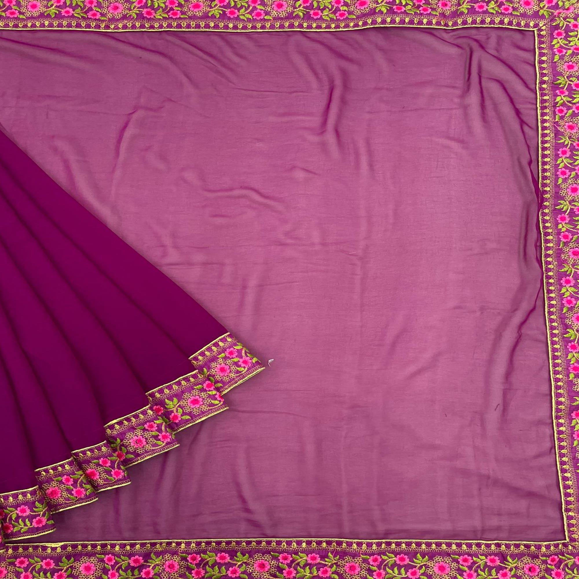 Purple Casual Wear Solid With Lace Embroidery Georgette Saree - Peachmode