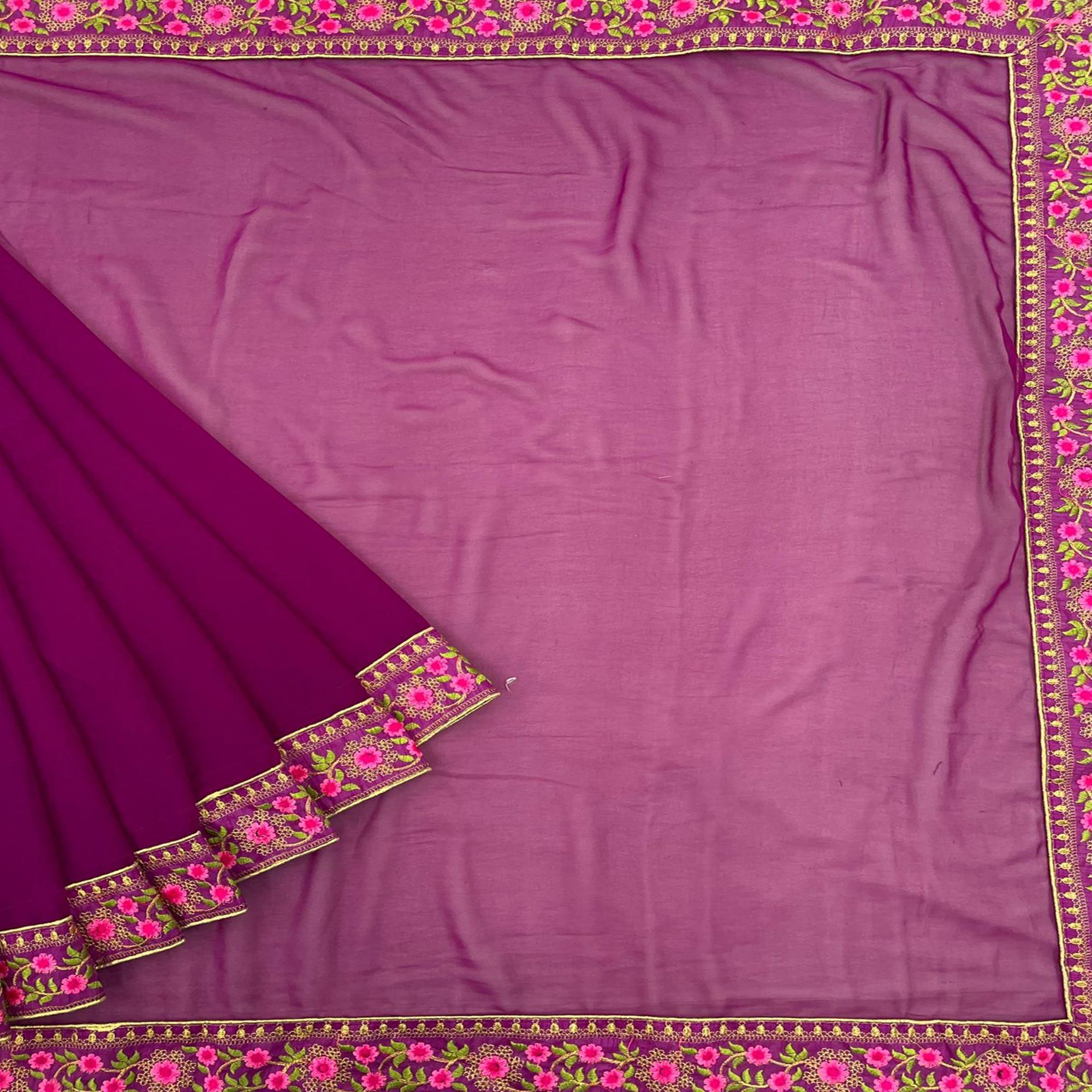 Purple Casual Wear Solid With Lace Embroidery Georgette Saree - Peachmode