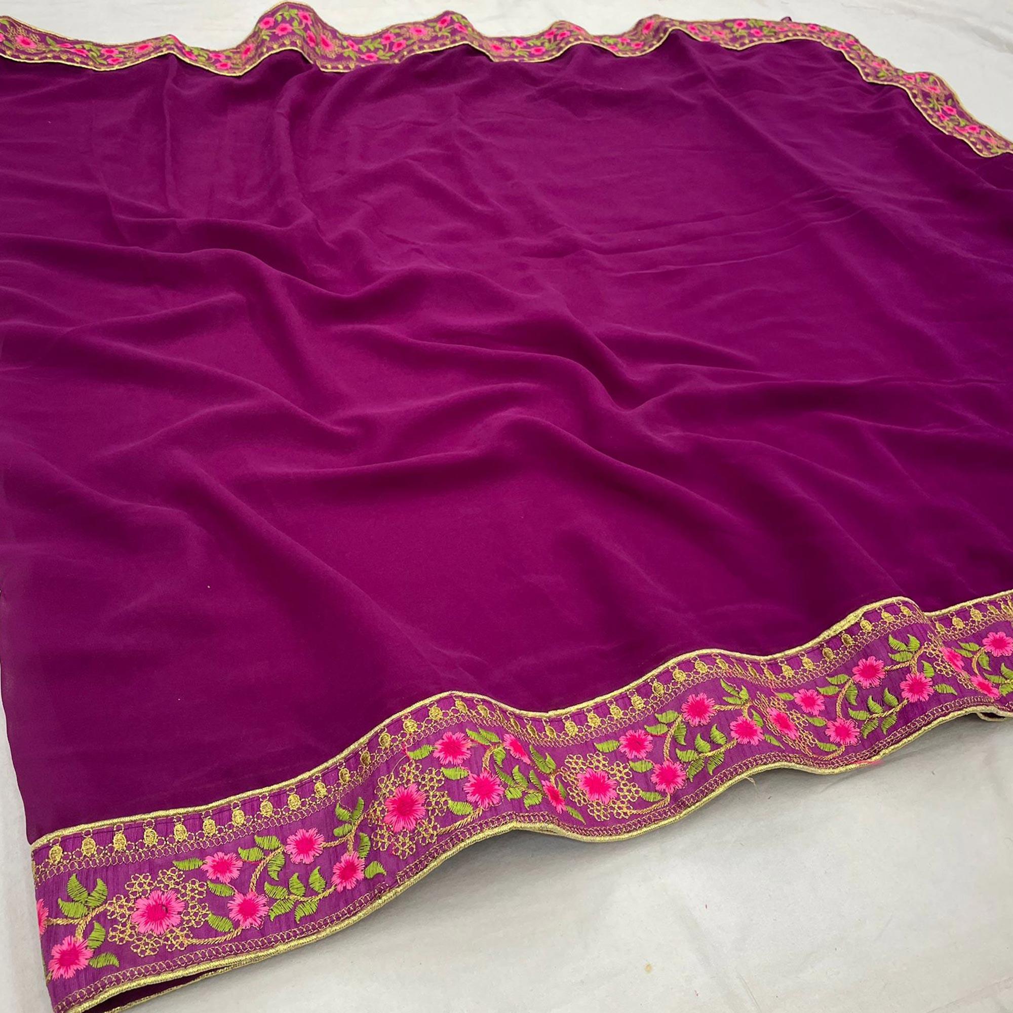 Purple Casual Wear Solid With Lace Embroidery Georgette Saree - Peachmode