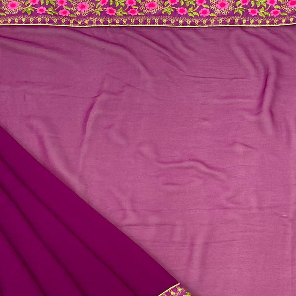 Purple Casual Wear Solid With Lace Embroidery Georgette Saree - Peachmode