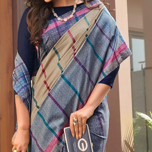 Purple Casual Wear Striped Printed Bhagalpuri Sarees - Peachmode