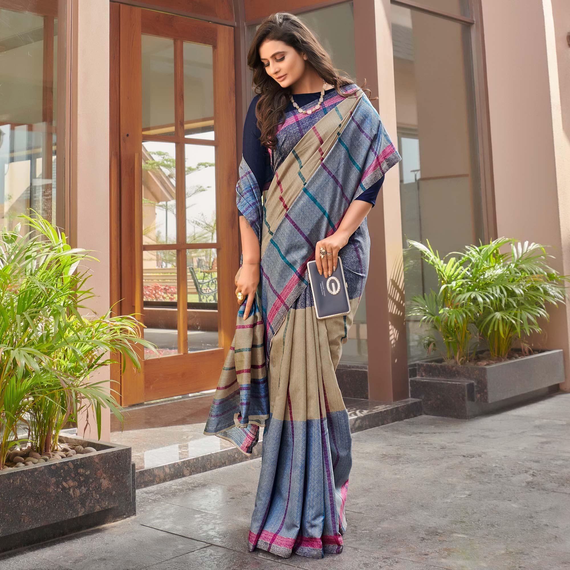 Purple Casual Wear Striped Printed Bhagalpuri Sarees - Peachmode