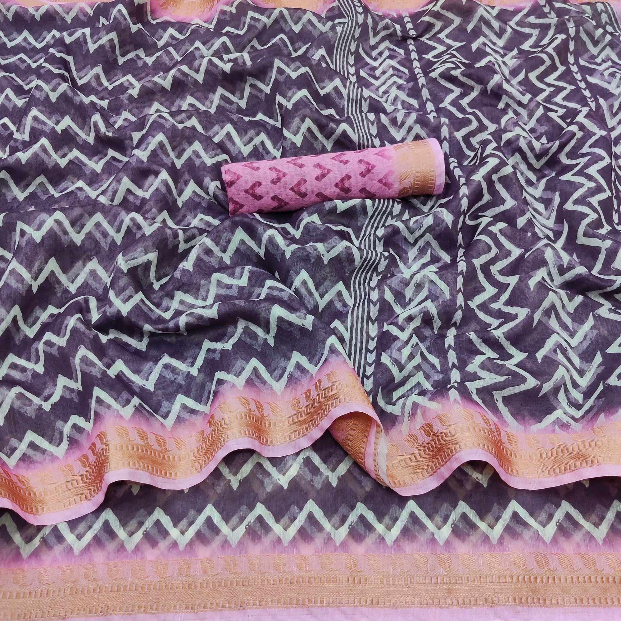 Purple Casual Wear Zigzag Digital Printed Linen Saree - Peachmode