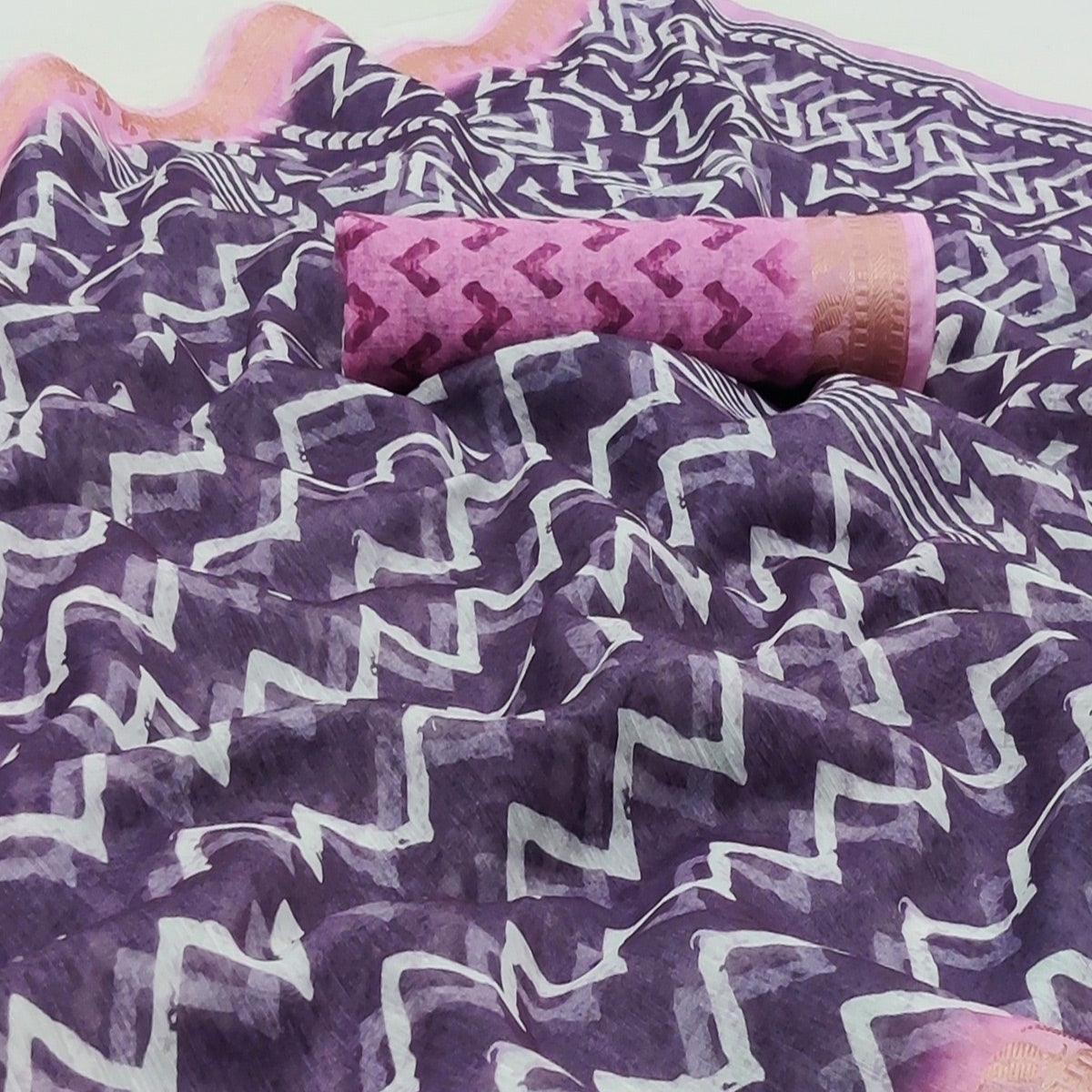 Purple Casual Wear Zigzag Digital Printed Linen Saree - Peachmode