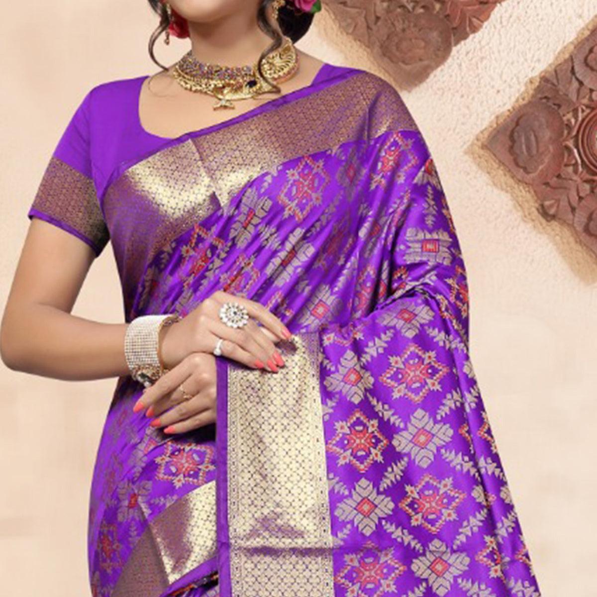 Purple Colored Festive Wear Woven Banarasi Silk Saree - Peachmode