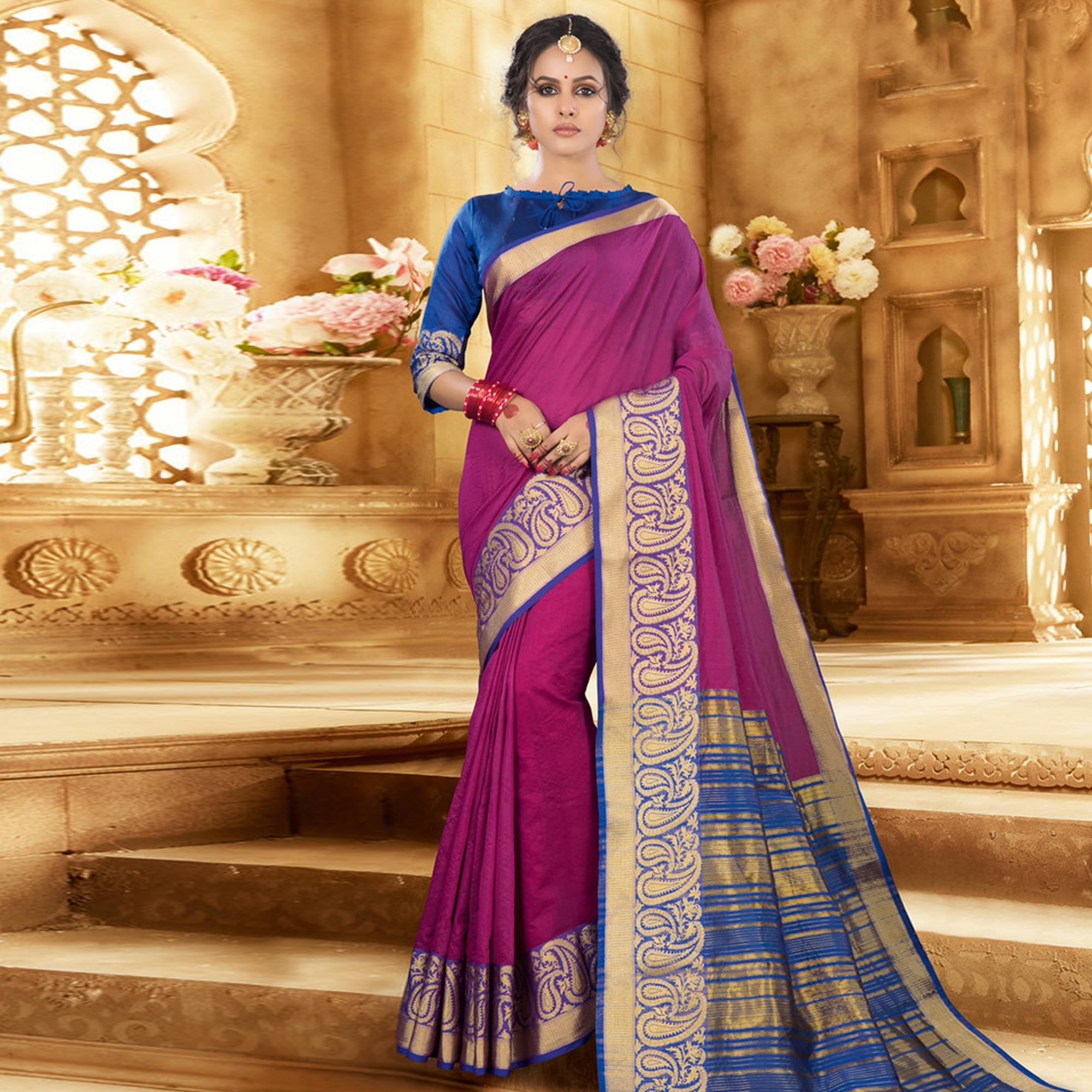 Purple Colored Festive Wear Woven Jute Saree - Peachmode