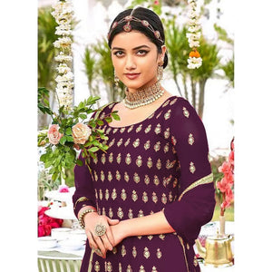 Purple Designer Floral Embroidered Heavy Georgette Partywear Suit - Peachmode