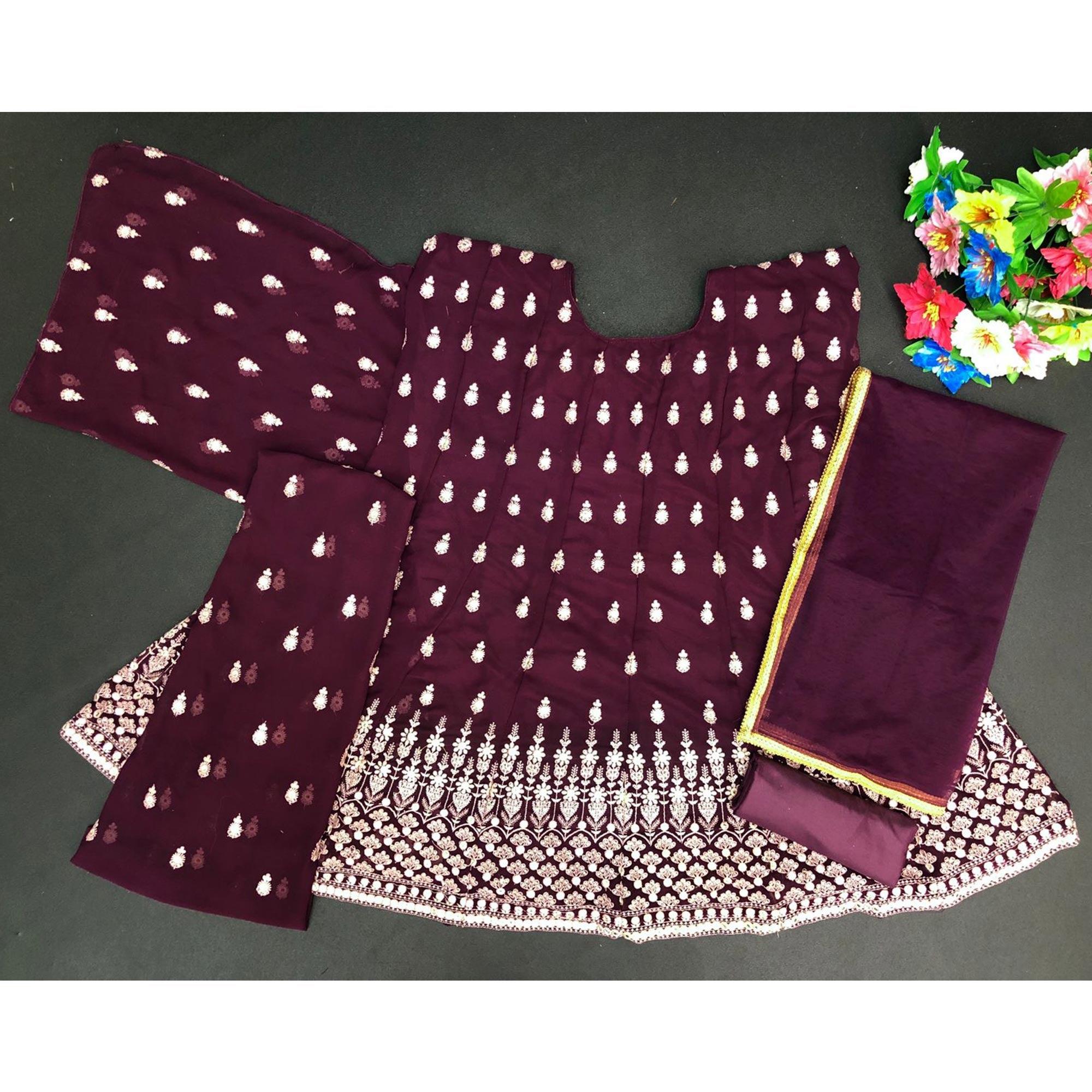 Purple Designer Floral Embroidered Heavy Georgette Partywear Suit - Peachmode