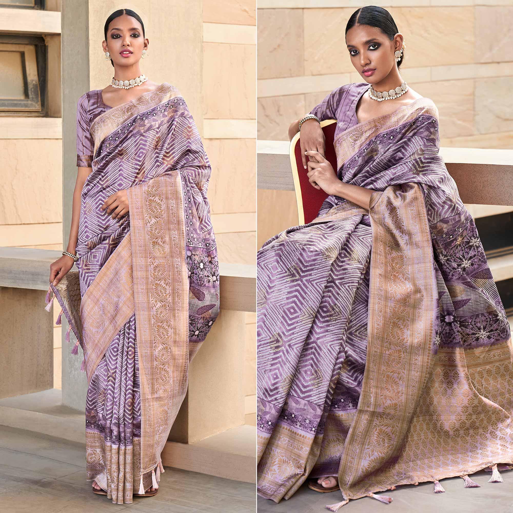 Purple Digital Printed Art Silk Saree With Tassels - Peachmode