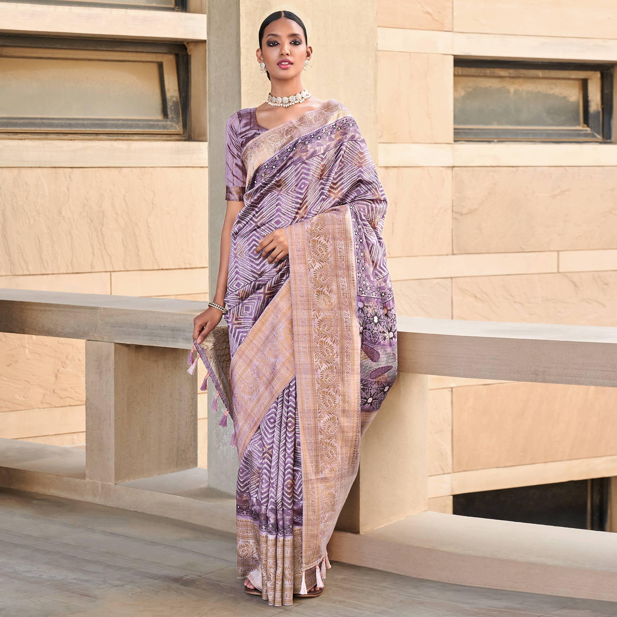 Purple Digital Printed Art Silk Saree With Tassels - Peachmode