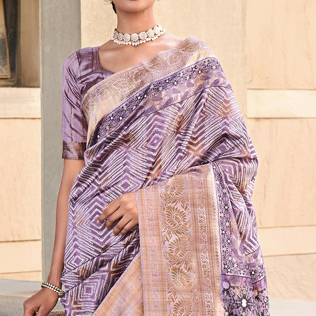 Purple Digital Printed Art Silk Saree With Tassels - Peachmode