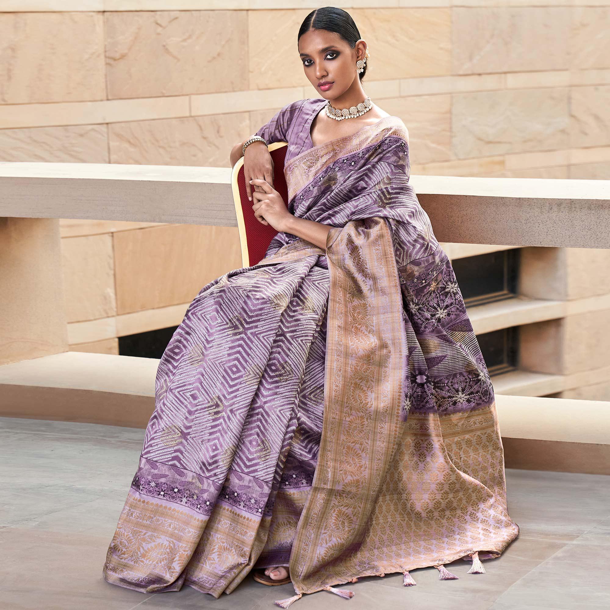 Purple Digital Printed Art Silk Saree With Tassels - Peachmode