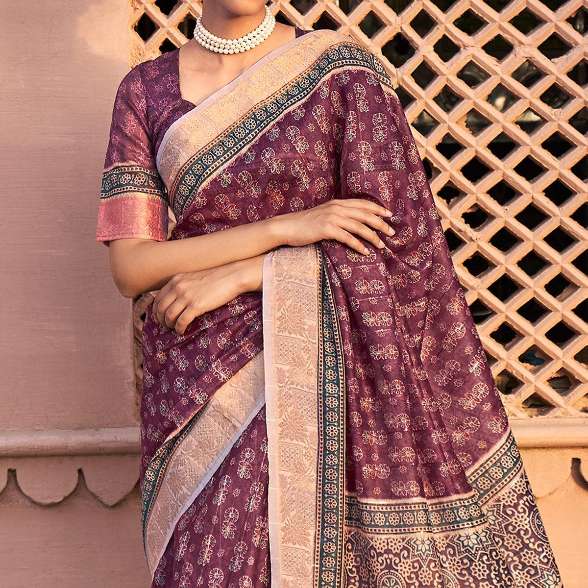 Purple Digital Printed Linen Saree - Peachmode