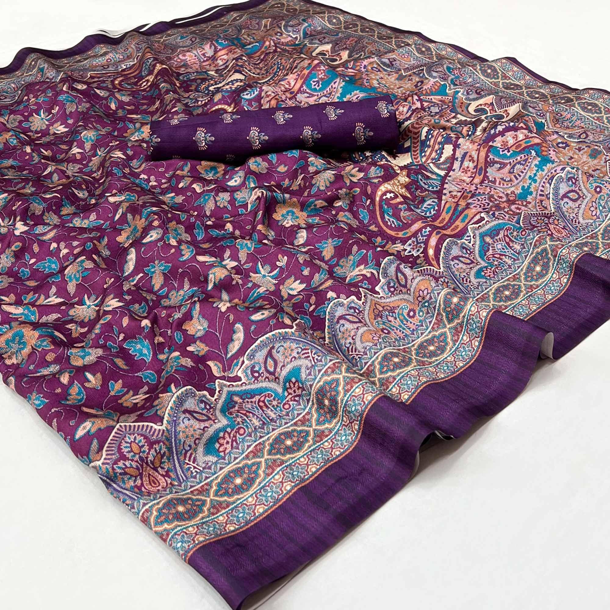 Purple Digital Printed Pashmina Saree - Peachmode