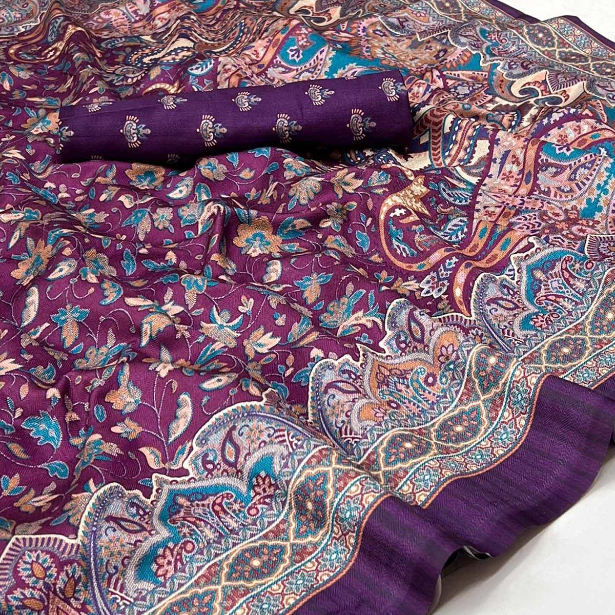 Purple Digital Printed Pashmina Saree - Peachmode
