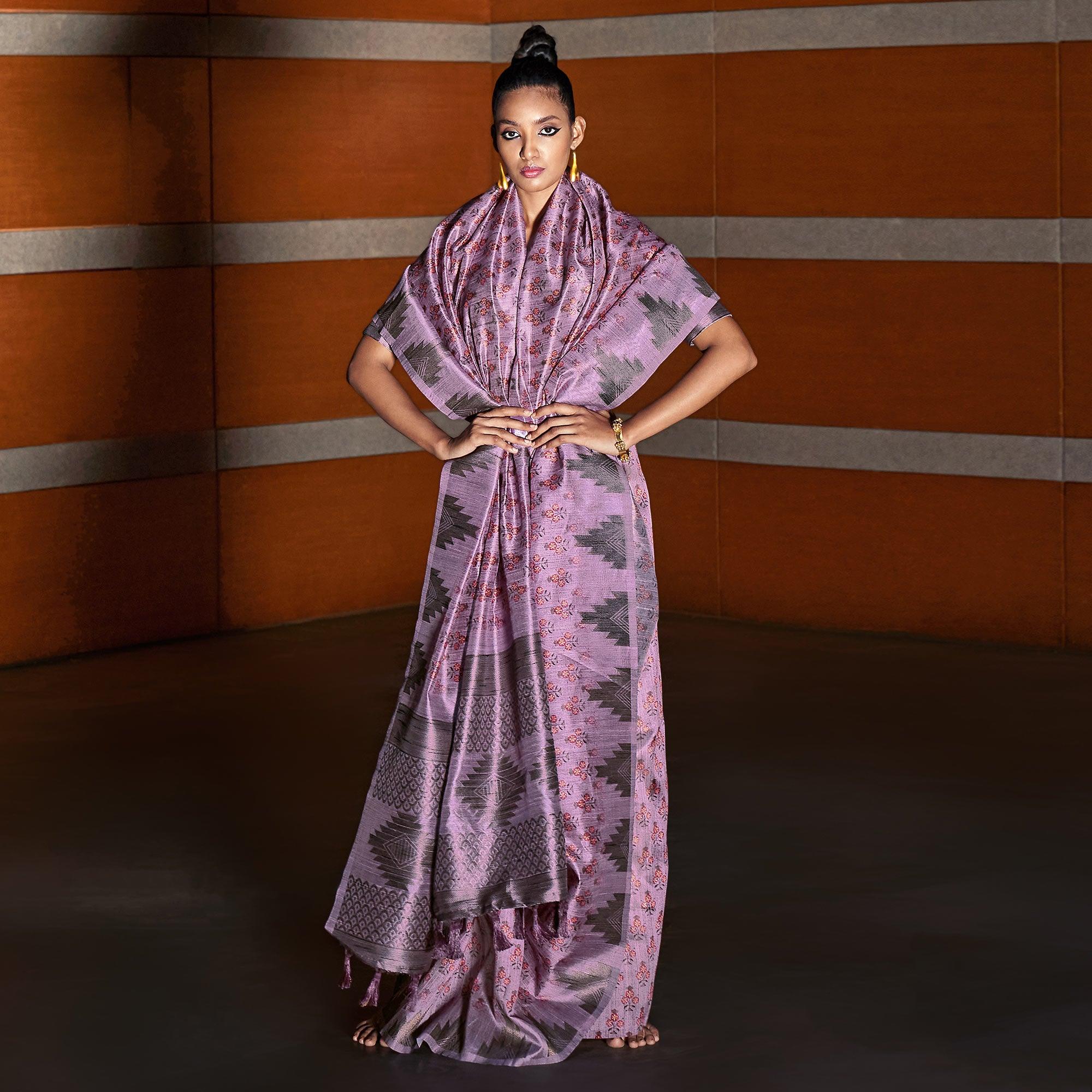 Purple digital Printed Raw Silk Saree With Tassels - Peachmode