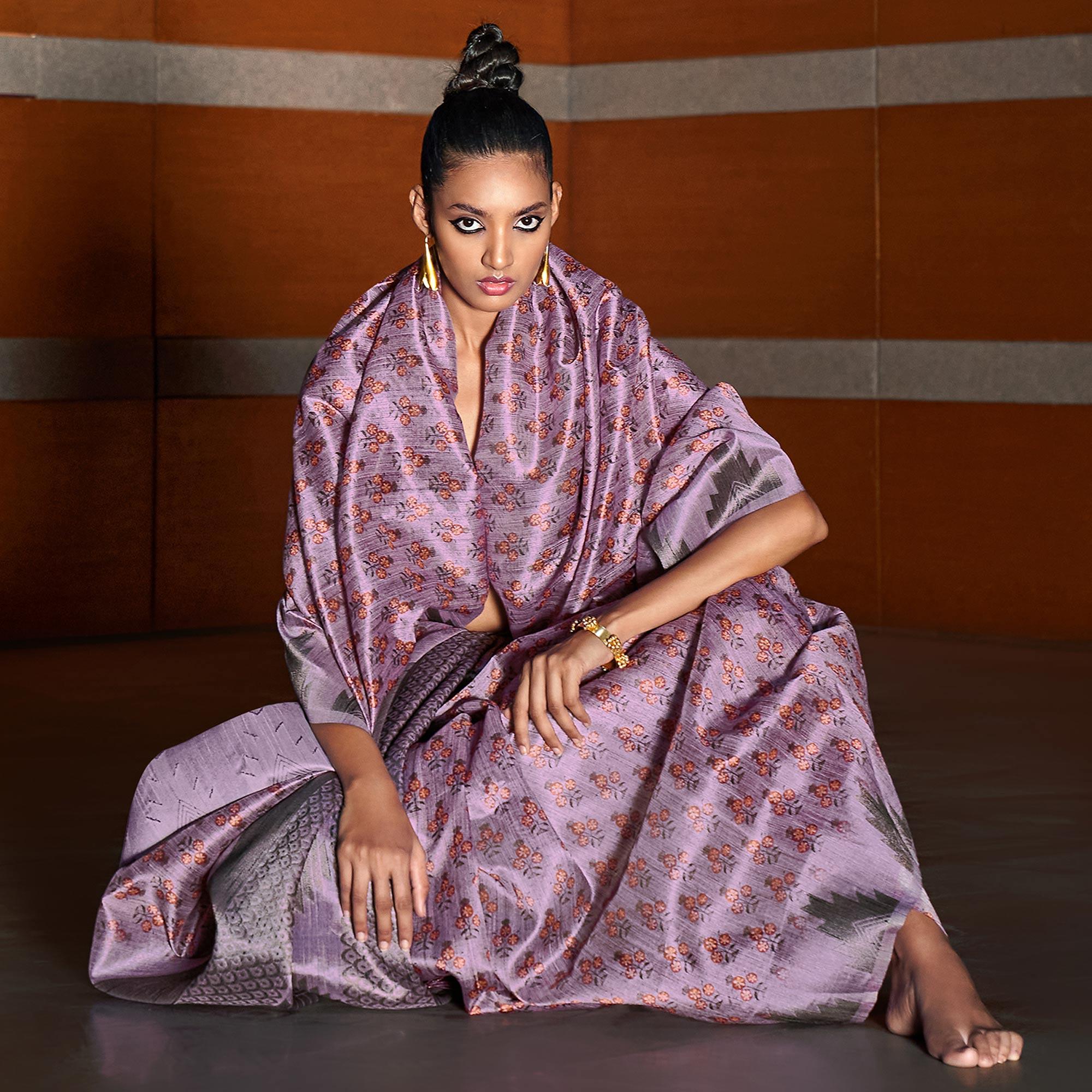 Purple digital Printed Raw Silk Saree With Tassels - Peachmode