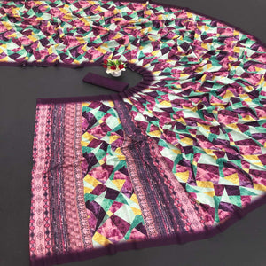 Purple Digital Printed Vichitra Silk Saree - Peachmode