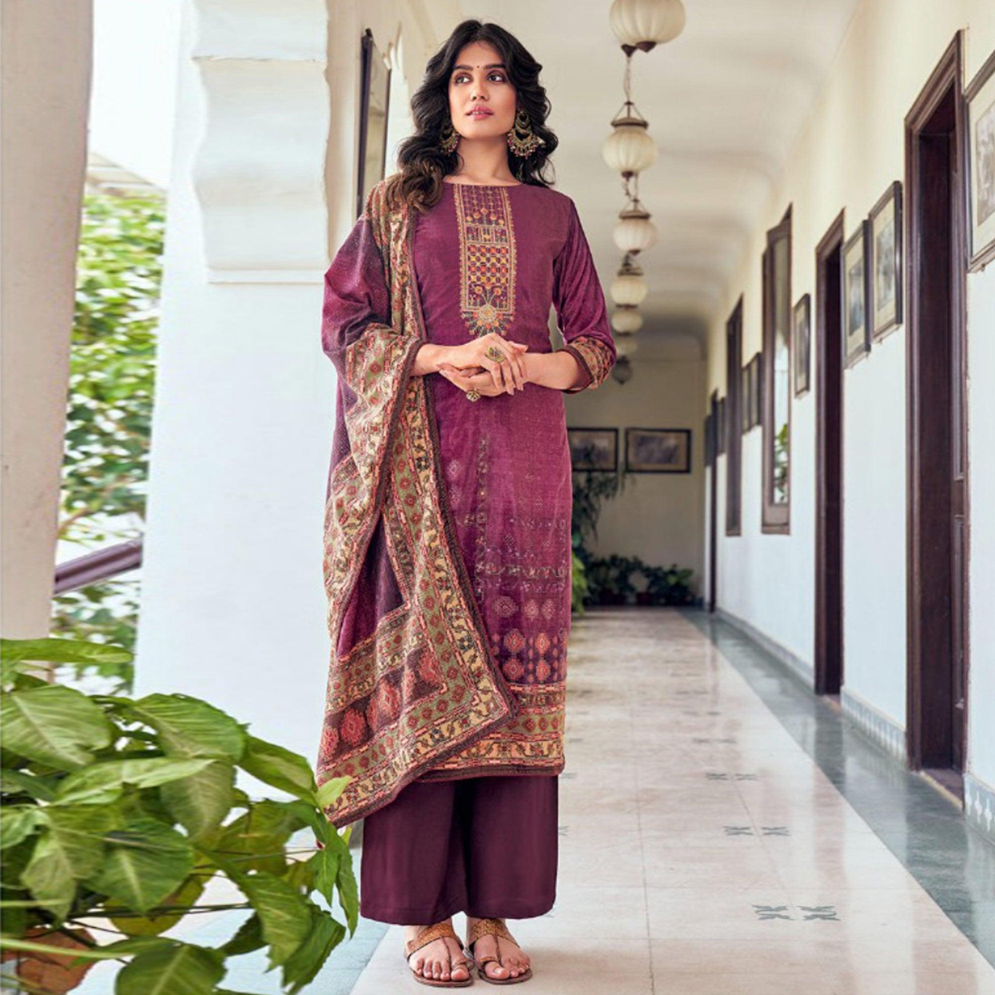 Purple Digital Printed With Embroidered Velvet Palazzo Suit - Peachmode