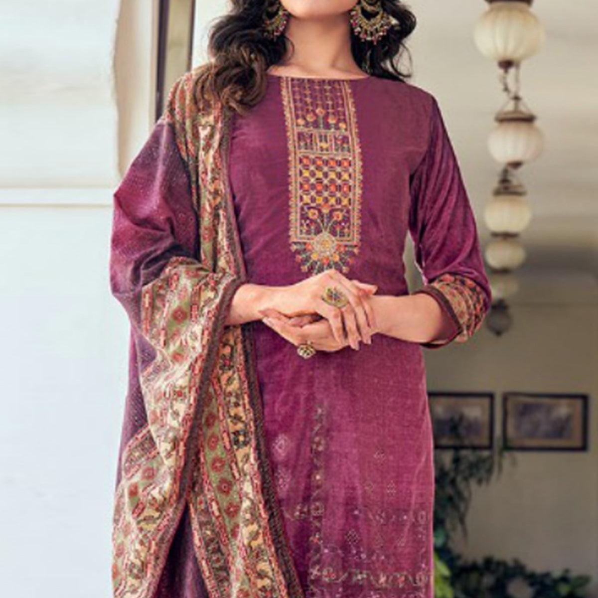 Purple Digital Printed With Embroidered Velvet Palazzo Suit - Peachmode