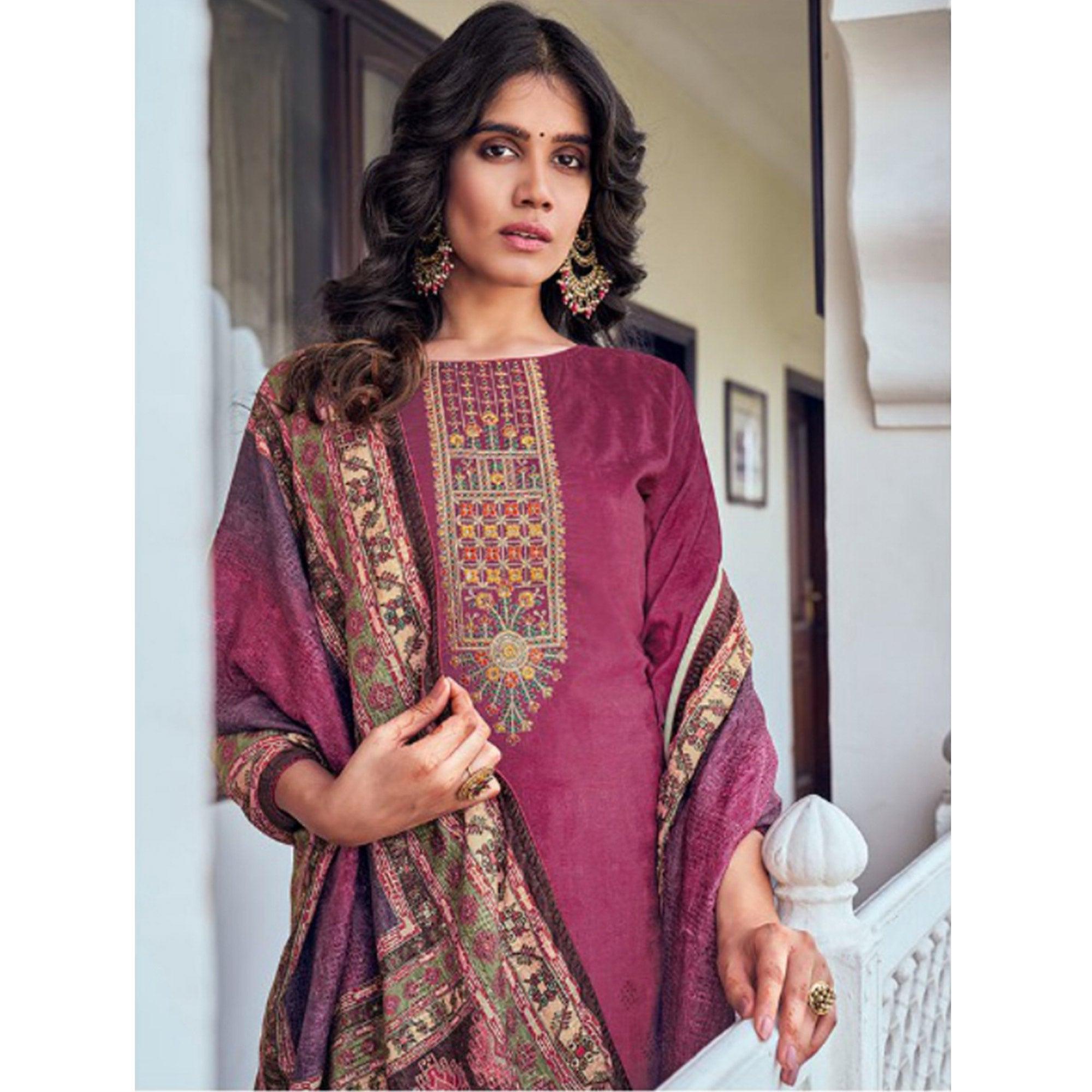 Purple Digital Printed With Embroidered Velvet Palazzo Suit - Peachmode