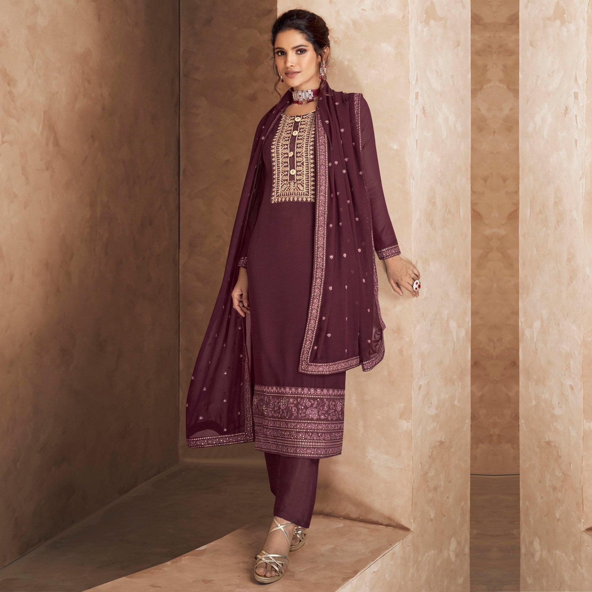 Purple Embellished Partywear Embroidered Heavy Faux Georgette Suit - Peachmode
