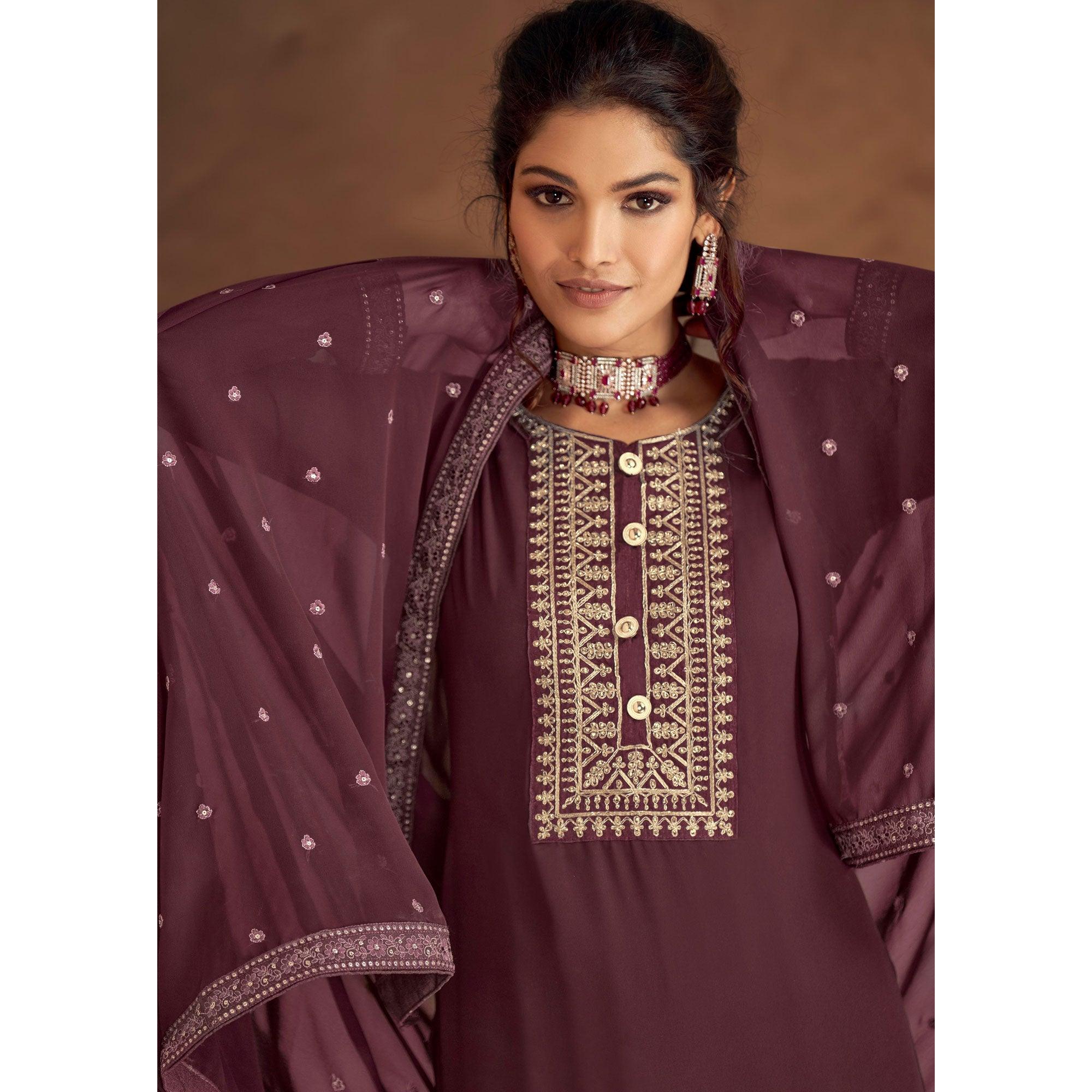 Purple Embellished Partywear Embroidered Heavy Faux Georgette Suit - Peachmode