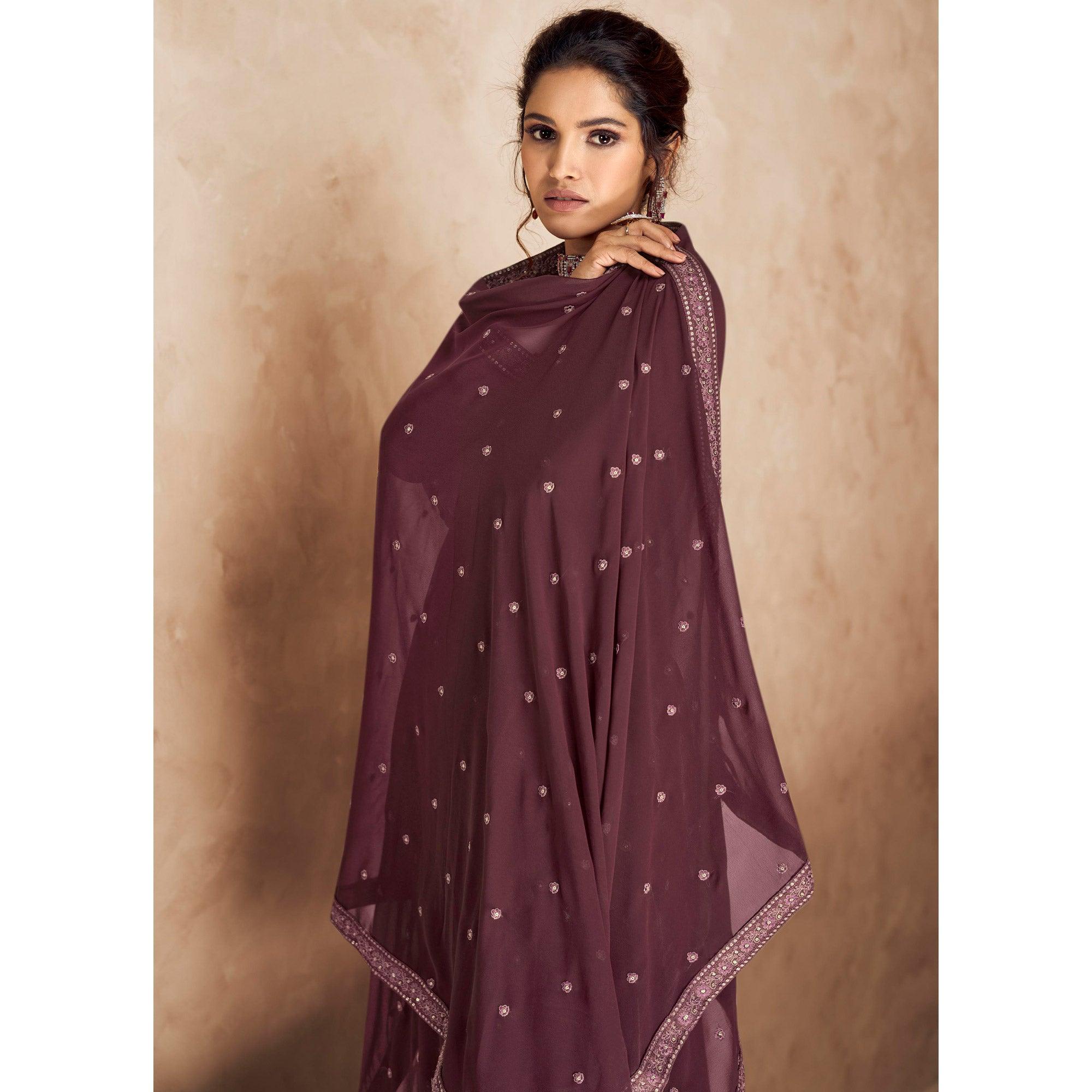 Purple Embellished Partywear Embroidered Heavy Faux Georgette Suit - Peachmode