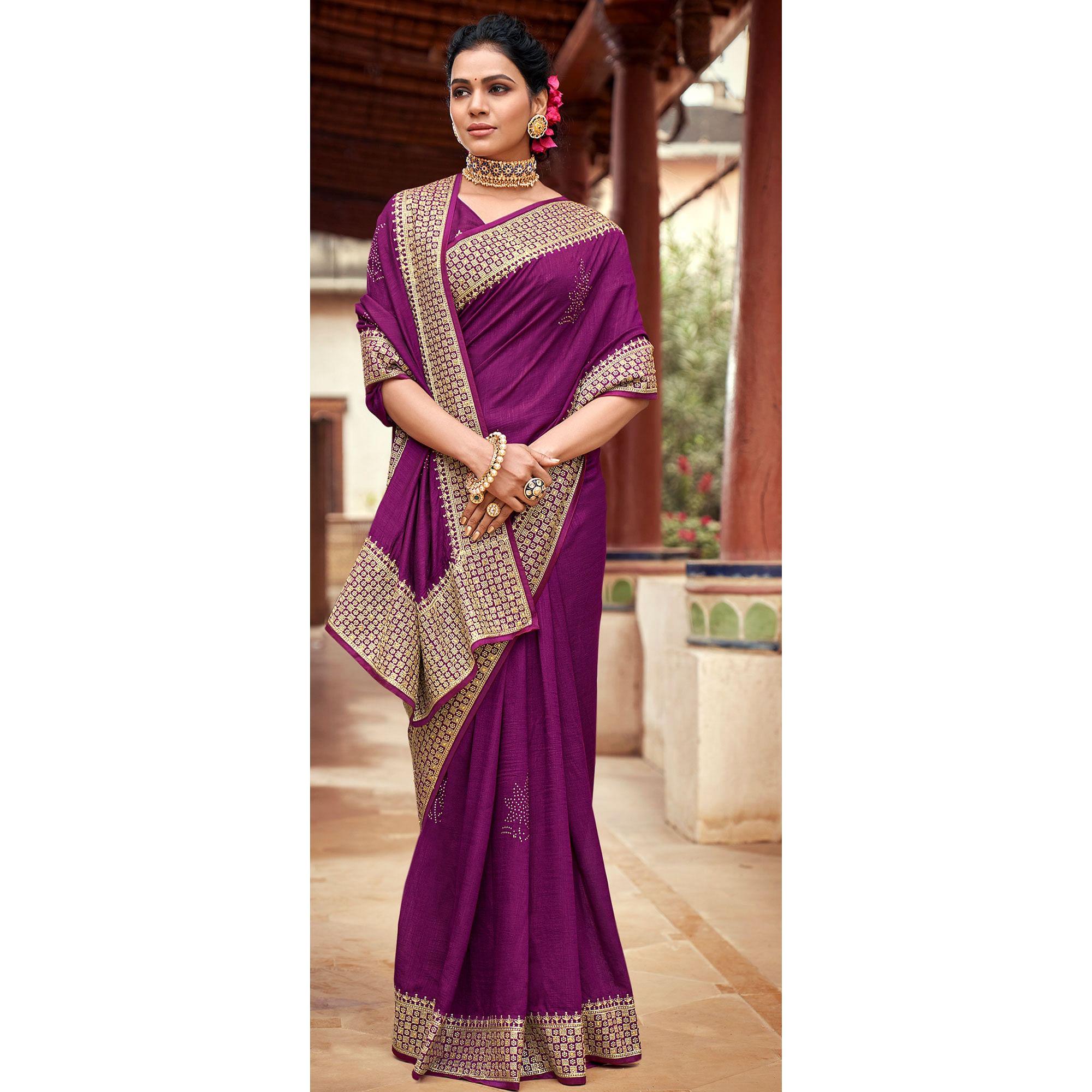 Purple Embellished Vichitra Silk Saree - Peachmode