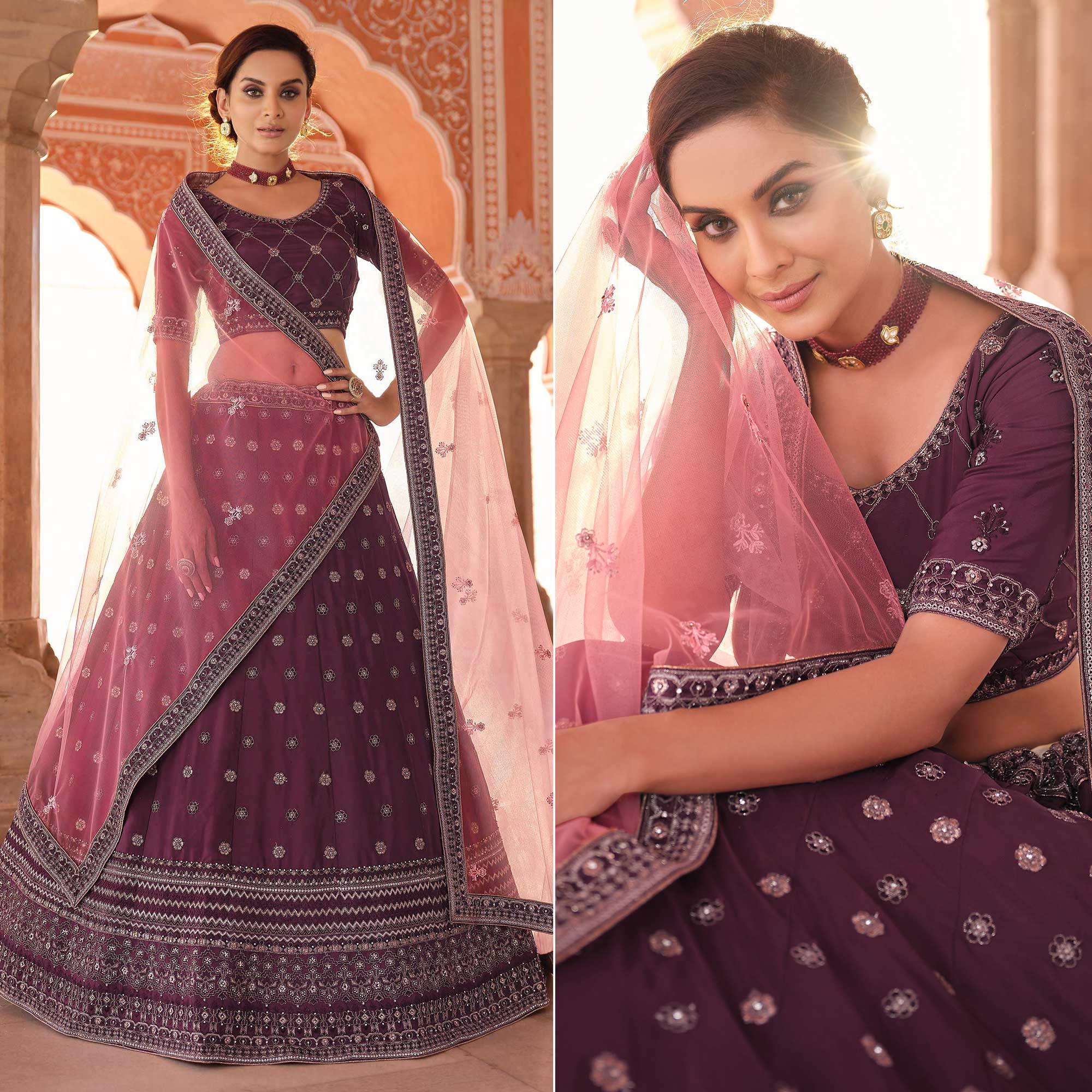 Purple Embellished With Embroidered Art Silk Lehenga Choli - Peachmode
