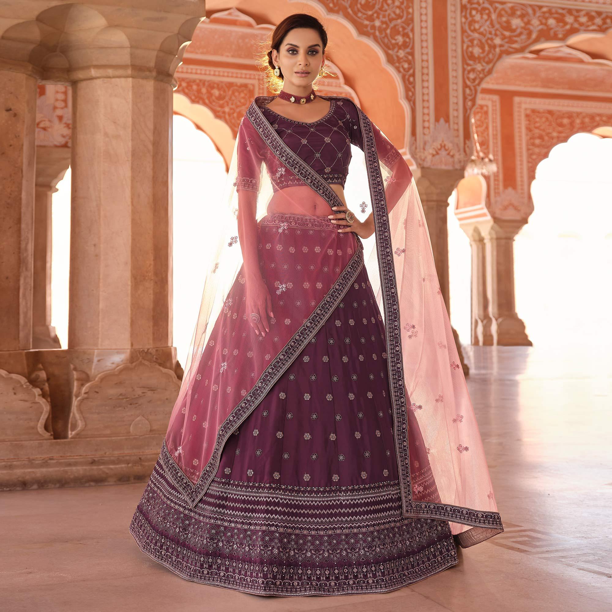 Purple Embellished With Embroidered Art Silk Lehenga Choli - Peachmode