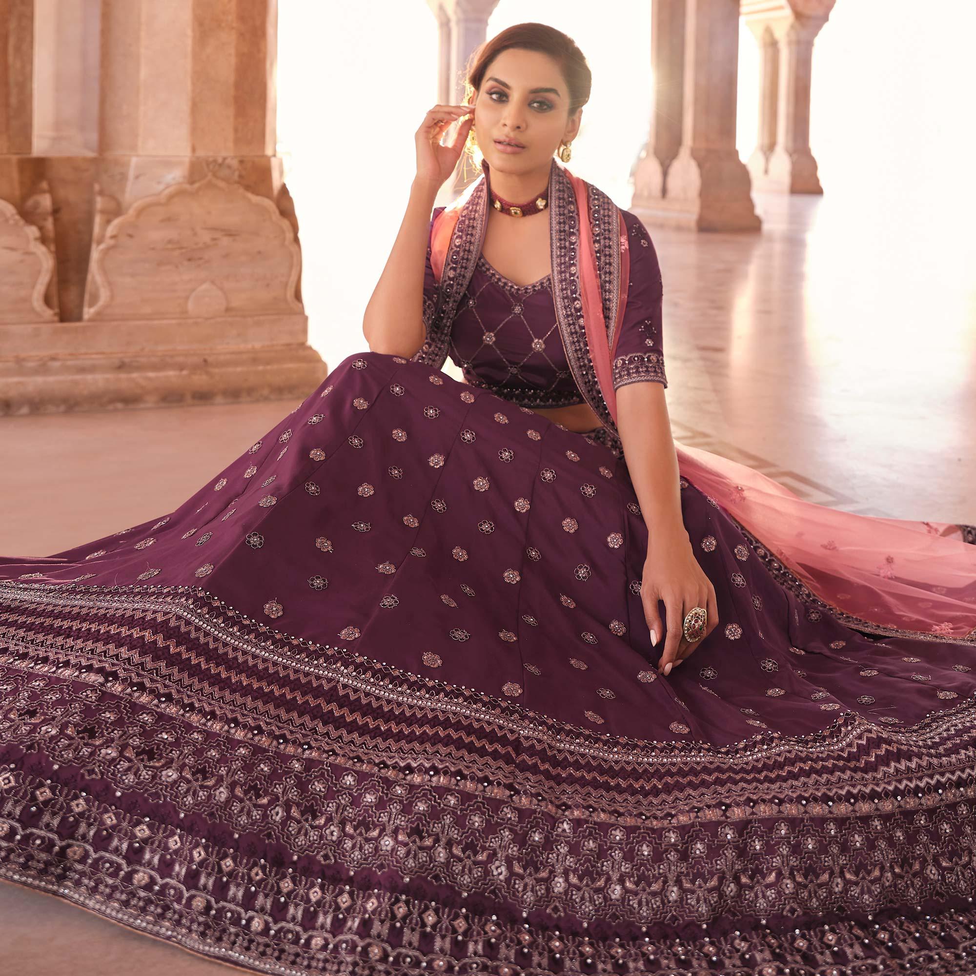 Purple Embellished With Embroidered Art Silk Lehenga Choli - Peachmode